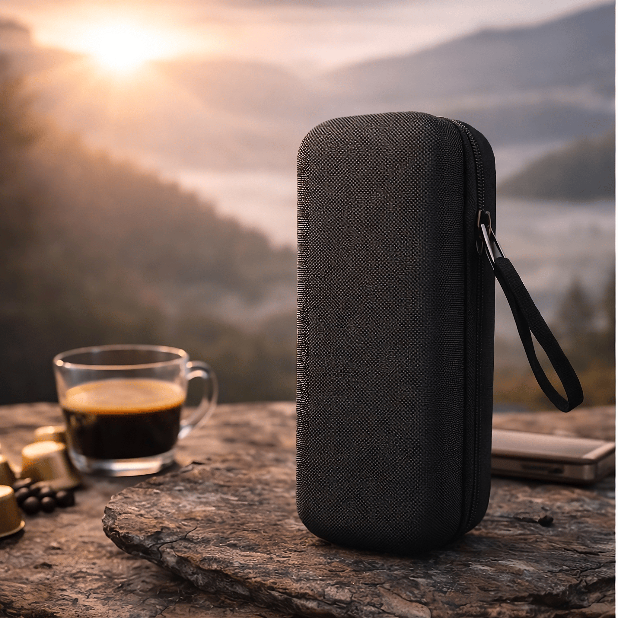 Sac de transport rigide pour machine à café portable avec compartiments internes et rangement sécurisé pour capsules