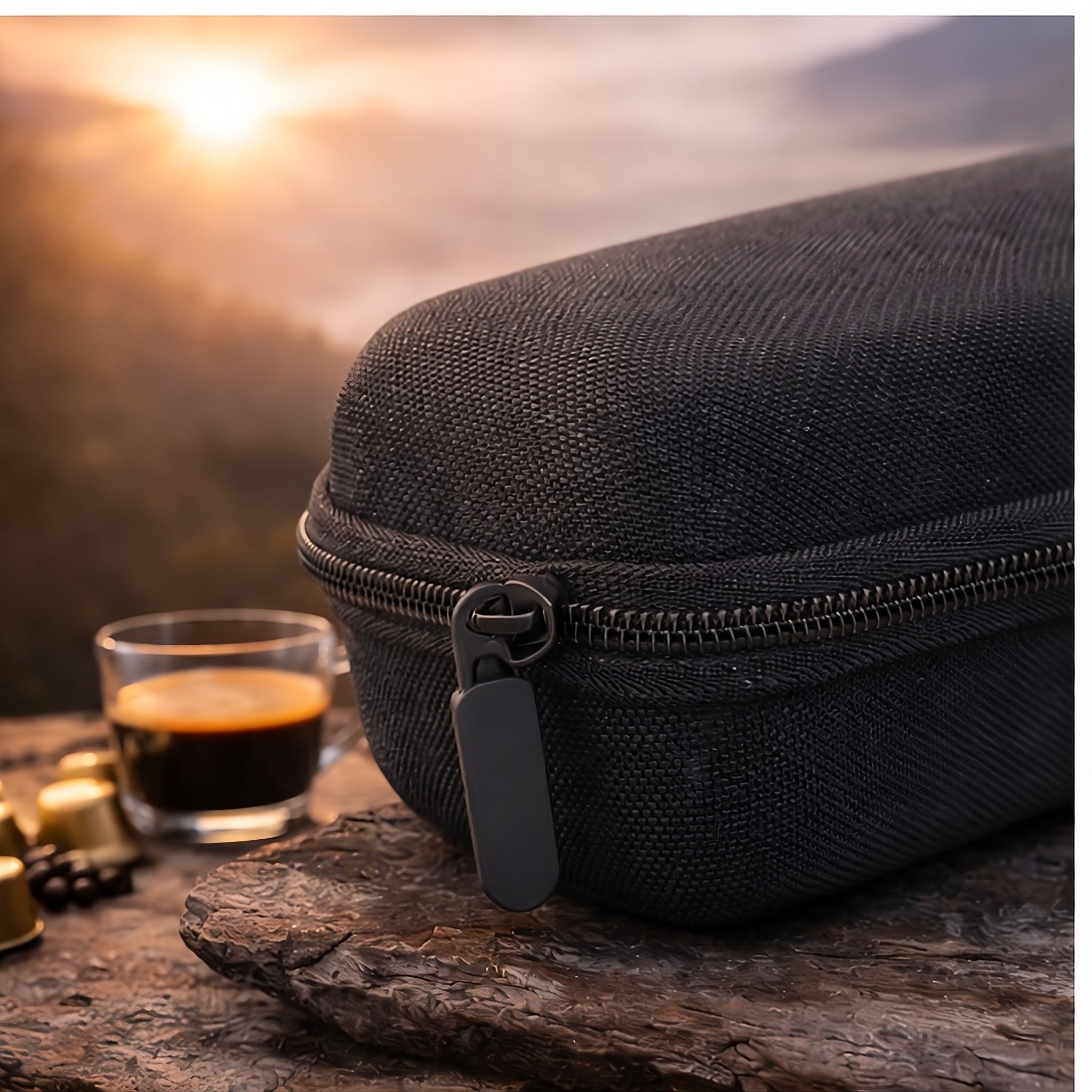 Étui de protection pour machine à café portable utilisé en extérieur avec tasse d’expresso et capsules café